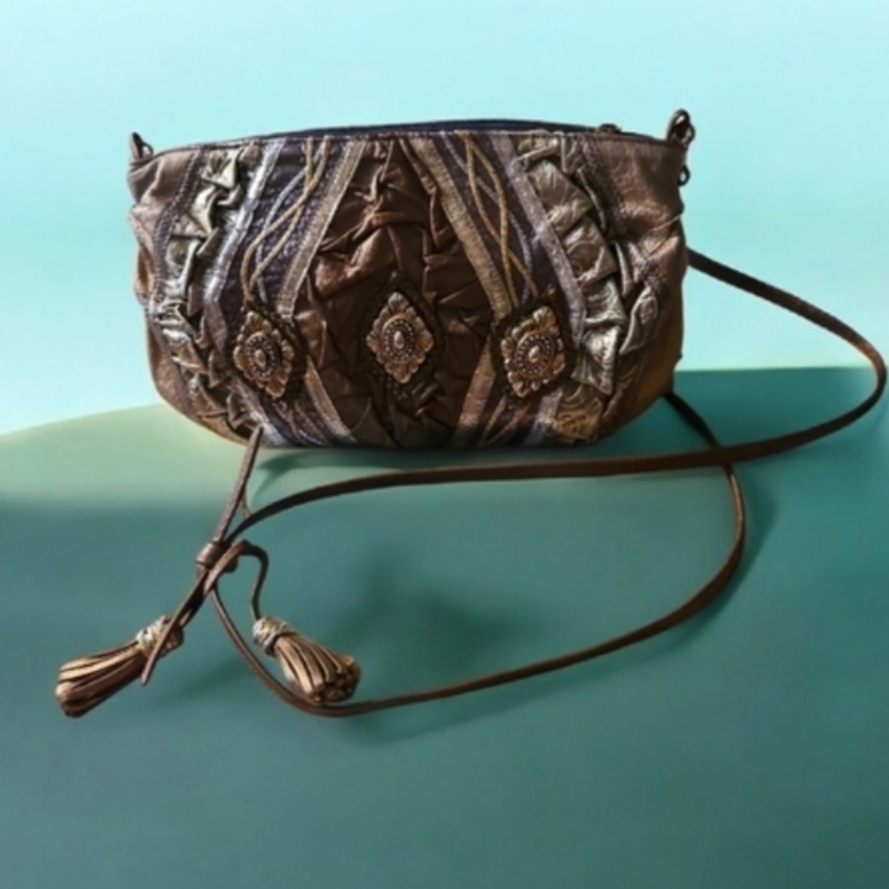 Leather Cross Body Bag Copper Gold Brown Tassels On Strap. Its Beaitiful Velvet